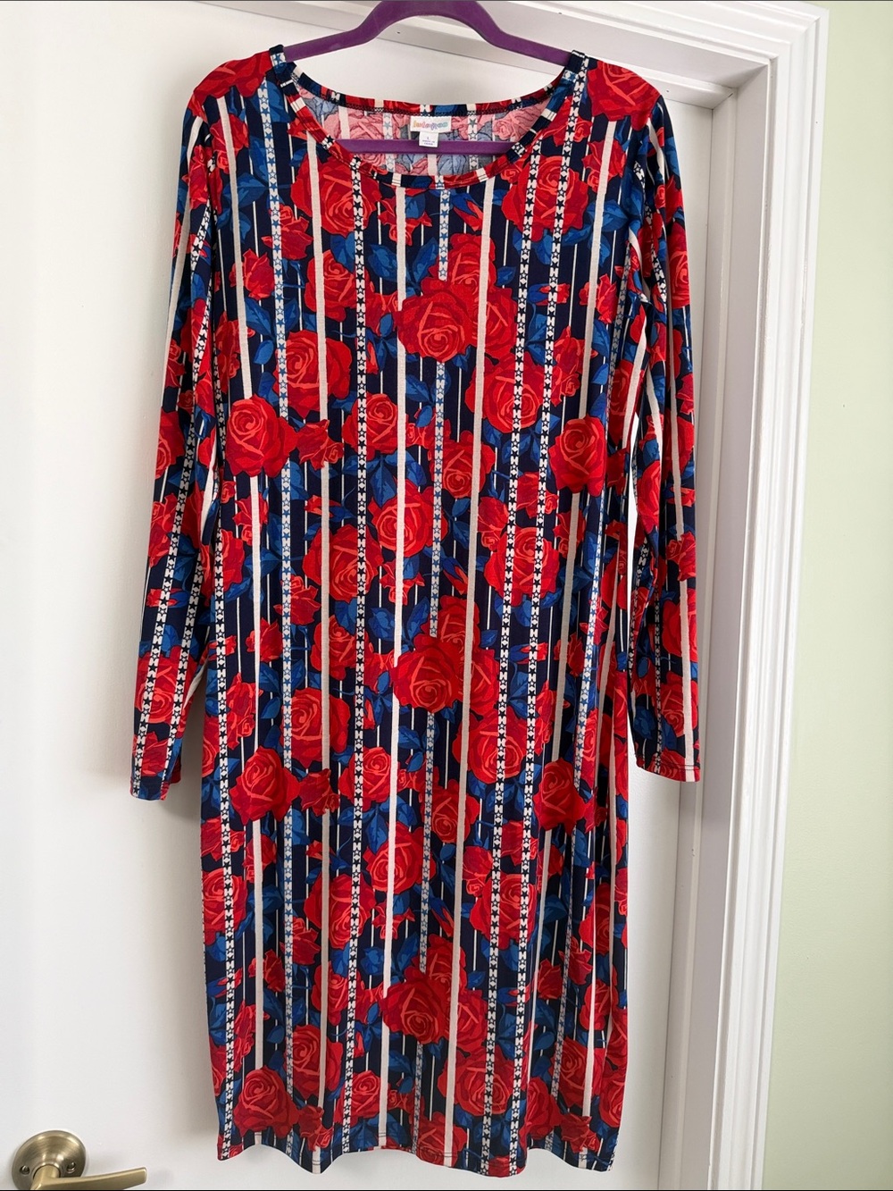 LuLaRoe Americana Debbie Floral Stripe Red & Blue Long Sleeve Women’s Dress Larg